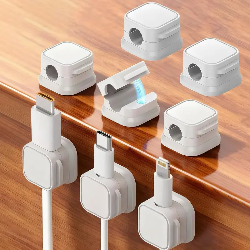 6PCS Magnetic Cable Organizer,Desk Wall Mounted Cord Storage Rack for Phone Charger Data Cable Management,Cord Holder, Under Desk Cable Management White