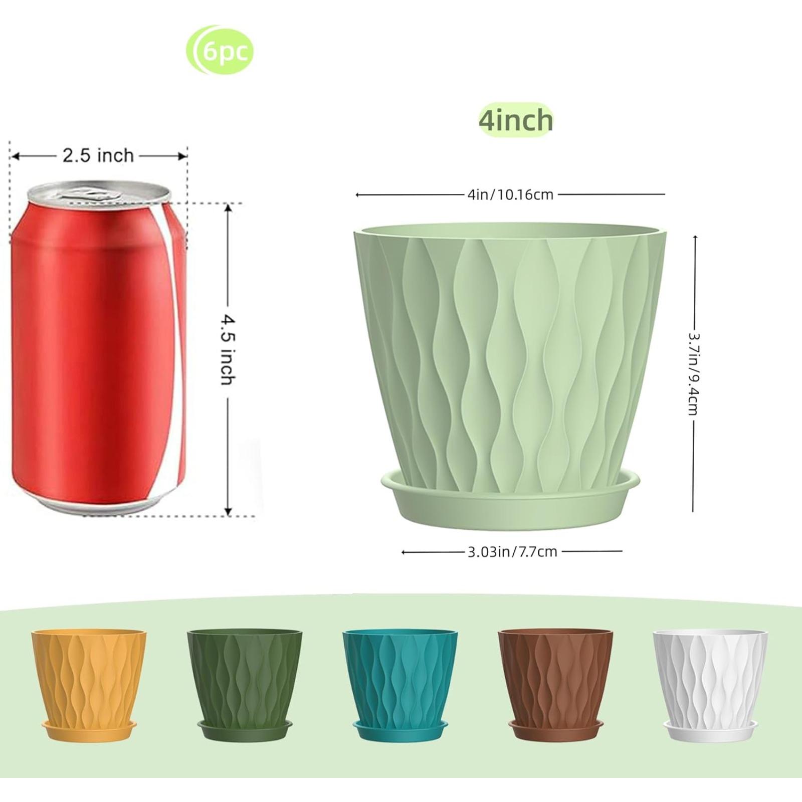 6 Pack 4-Inch Indoor Plant Pots with Drainage Holes and Trays, Colorful Small Planters for Orchids, Succulents, Herbs, and Other Indoor Plants