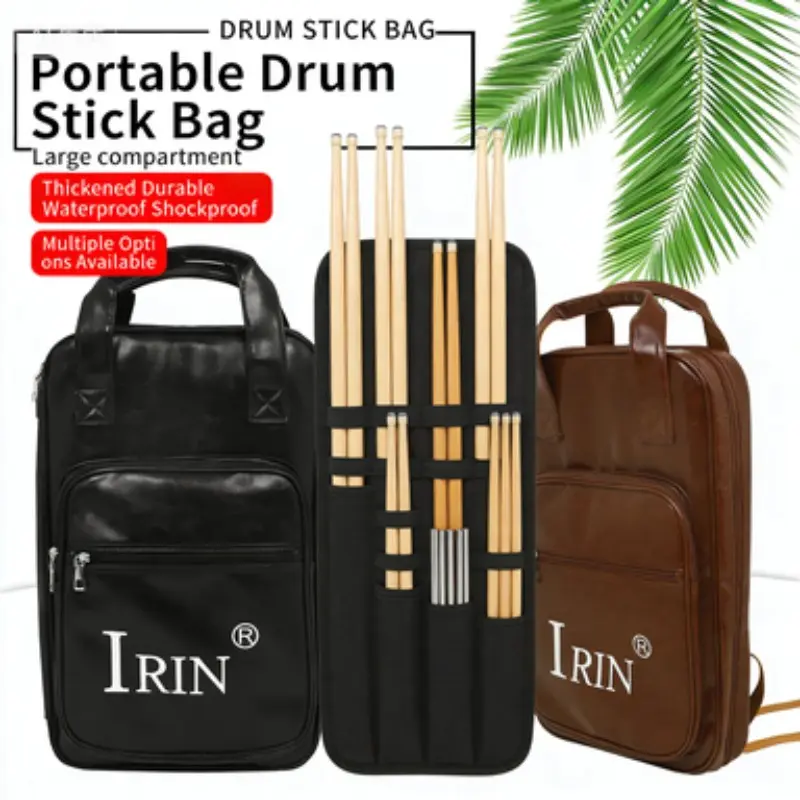 Irin W-70 Multi-Functional Drumstick Bag, Durable Thick PU Leather Backpack, Waterproof Shockproof Instrument Storage, Ideal for Drummers