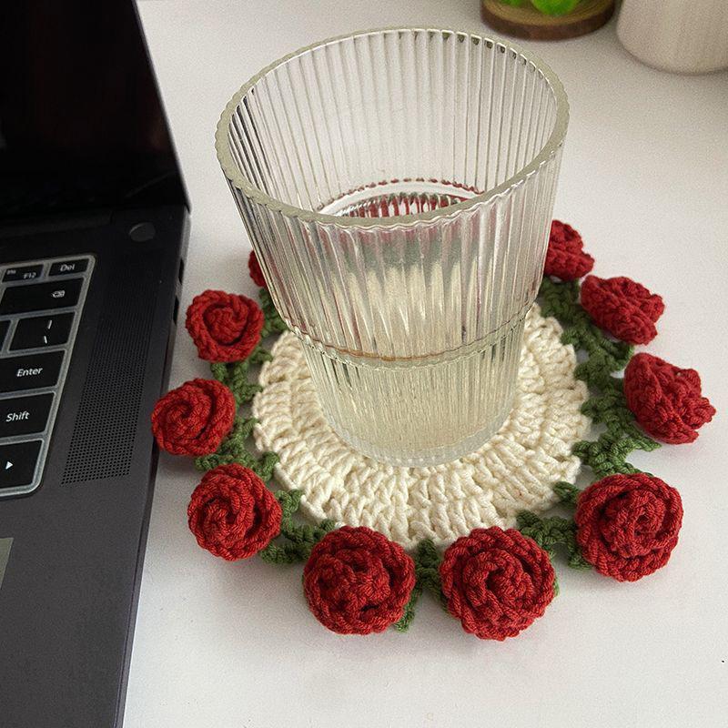 Rose Crochet Coasters with Plant Pot Handmade Knitted Flower Bouquet Coaster Coffee Table Cupmat Placemat Home Office Decor