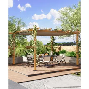 Aluminum Retractable Outdoor Pergola, Wood Grain Surface, Heavy-duty Frame, Retractable Canopy with UPF 50+ UV Protection, Khaki Beige Shade Pavilion for Patio, Backyard, Deck, Porch and Garden