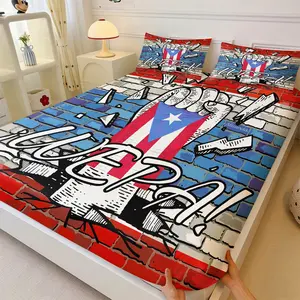 Urban Graffiti Puerto Rico Flag Break Brick Theme 3 Pieces Fitted Sheet Set, Bold WEPA Slogan Fist Smash Brick Wall Full Print Bedding Set, Anti-Fade Wrinkle Resistant Fabric, Street Style Bedroom Interior Decor