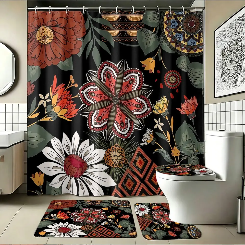 4pcs Boho Mandala Floral Shower Curtain, Thicker Softer Fabric, Vintage Botanical Decor, Ethnic Tribal Style Bath Accessories
