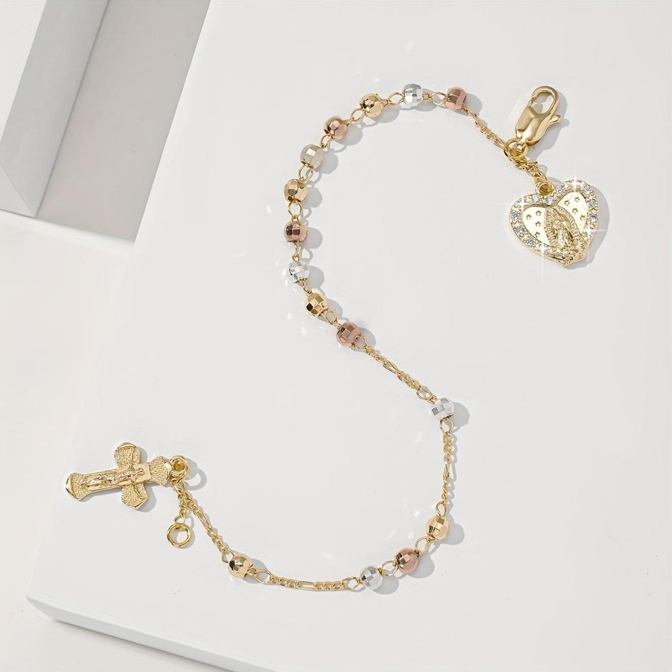 2026 Best-Selling Cross & Heart Bracelet—Featuring Micro-Set Tri-Color Octagonal Beads. This "Light Luxury" Gold Jewelry Piece is the Ultimate Gift for Mothers and Girlfriends—A Perfect Selection for Mother's Day.