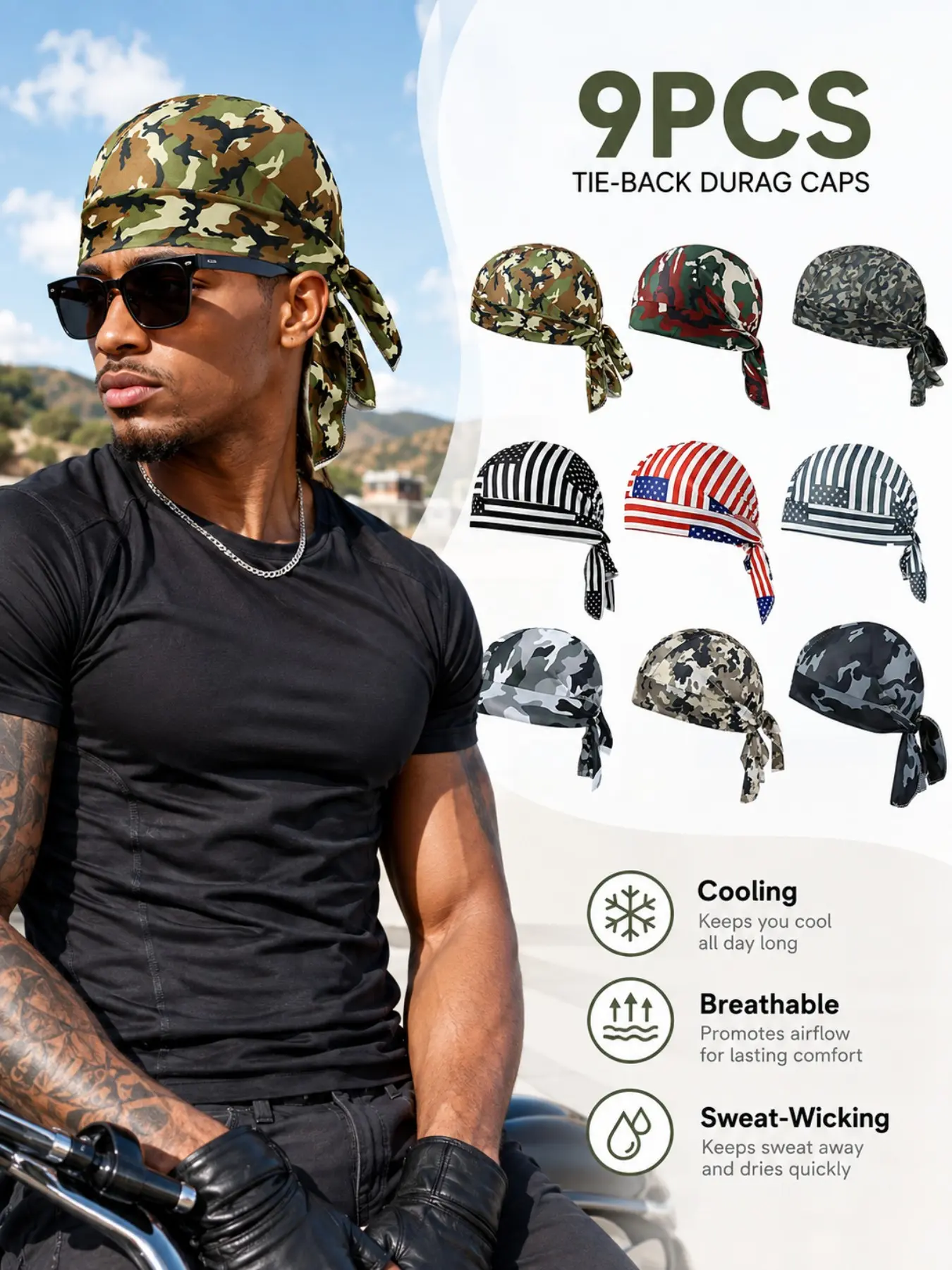 9-Pack Men's Tie-Back Durag Caps, Lightweight Breathable Polyester, Sweat-Wicking Headwraps, Camo & Us Flag Prints, Cycling, Running, Outdoor Sports