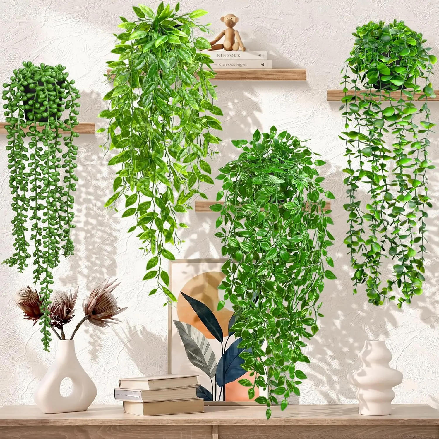4 Pack Faux Artificial  ,   Potted Greenery with Eucalyptus Vine, Mandala, Pea Pod Leaves & String of  in Pots for Living Room Bathroom Indoor Outdoor Décor