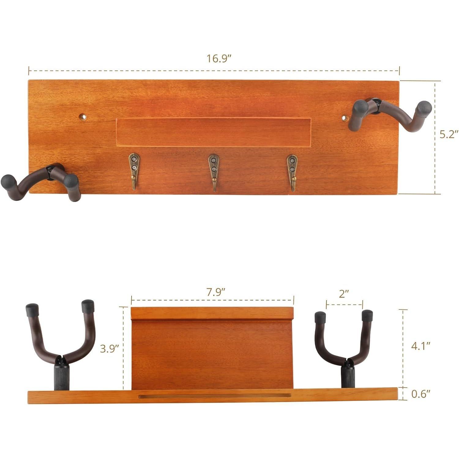 Guitar Wall Mount,Solid  Guitar Wall Hanger with 3 Storage Hooks and 2 Rotatable Rubber Guitar Hanger,Guitar Display Stand with Shelf and Pick Holder for  Size Guitar-Sapele  Color