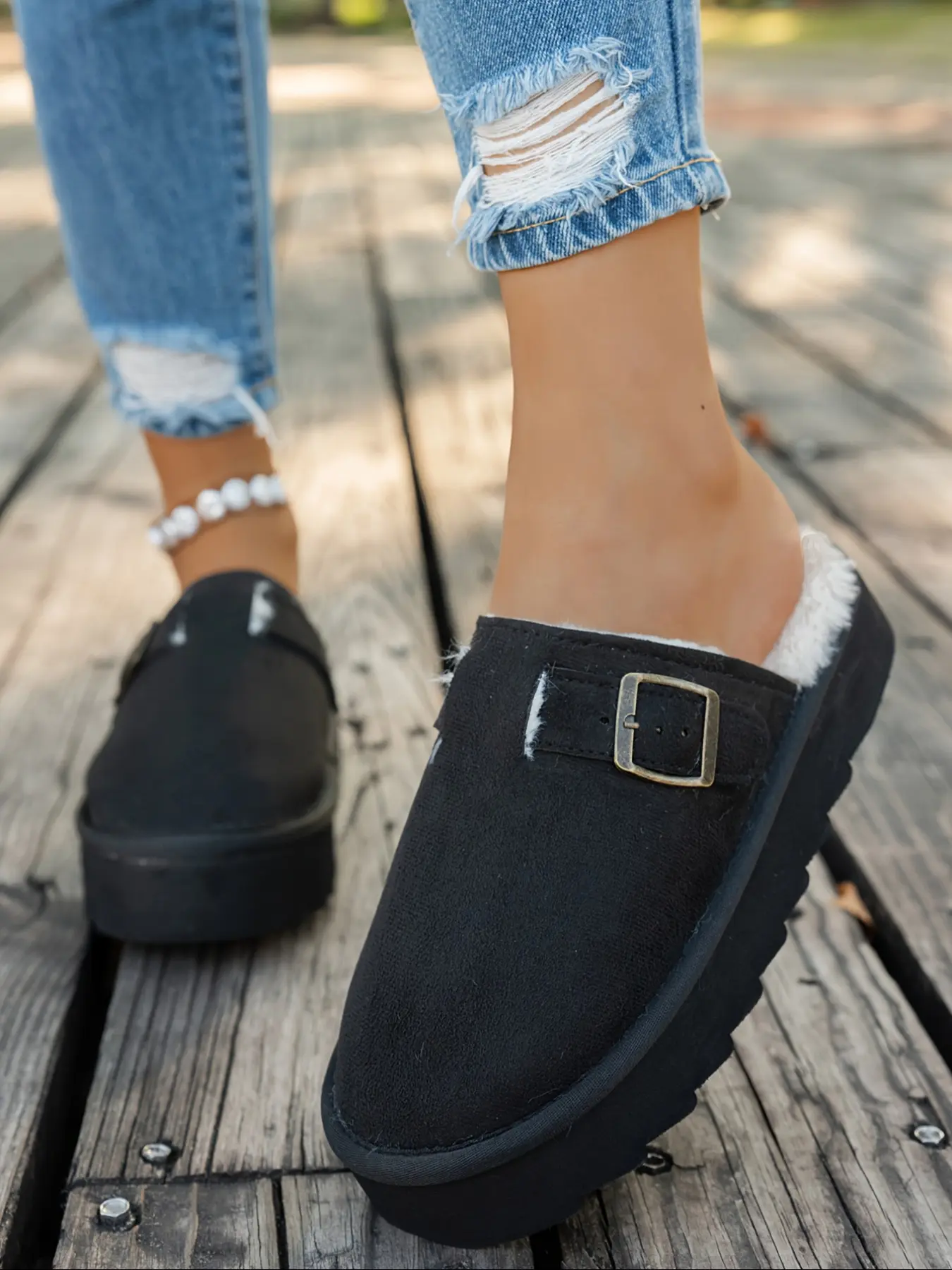 Women's Winter Warm Fuzzy Lined Slippers, Casual Thick Sole Bedroom Shoes, Textile Upper Eva Sole, Plain Pattern, Less Than Ankle Height