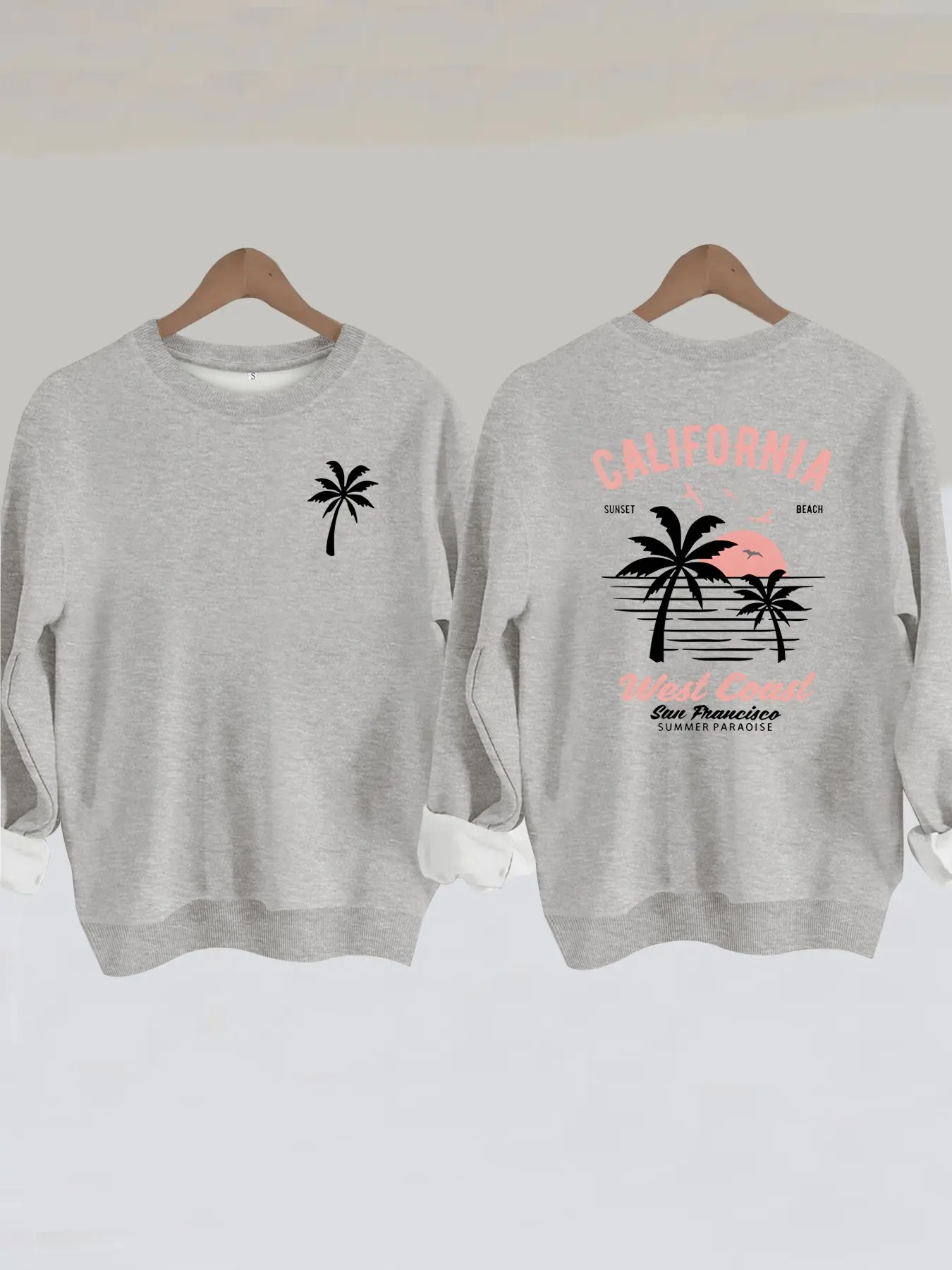 Women's Casual California Beach Surf Palm Tree Pattern Sweatshirt, Soft Long Sleeve Round Neck Fleece Pullover, Durable Fabric