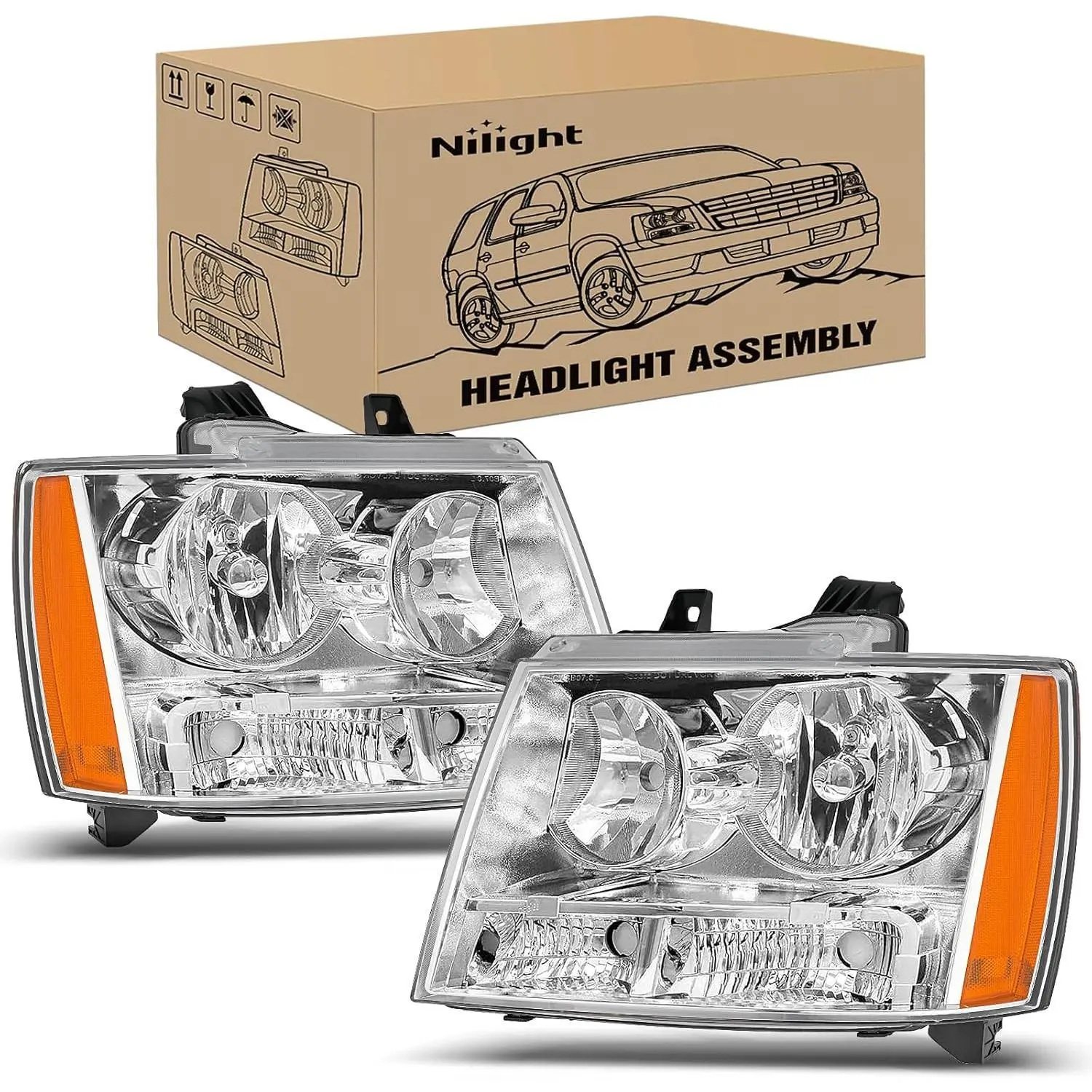 Nilight Headlight Assembly & Bumper Lamp Set - Car Lighting, Chrome Housing, Amber Reflector for 2007-2014 Chevy Avalanche, Tahoe, Suburban 1500, 2500 Replacement Headlamps