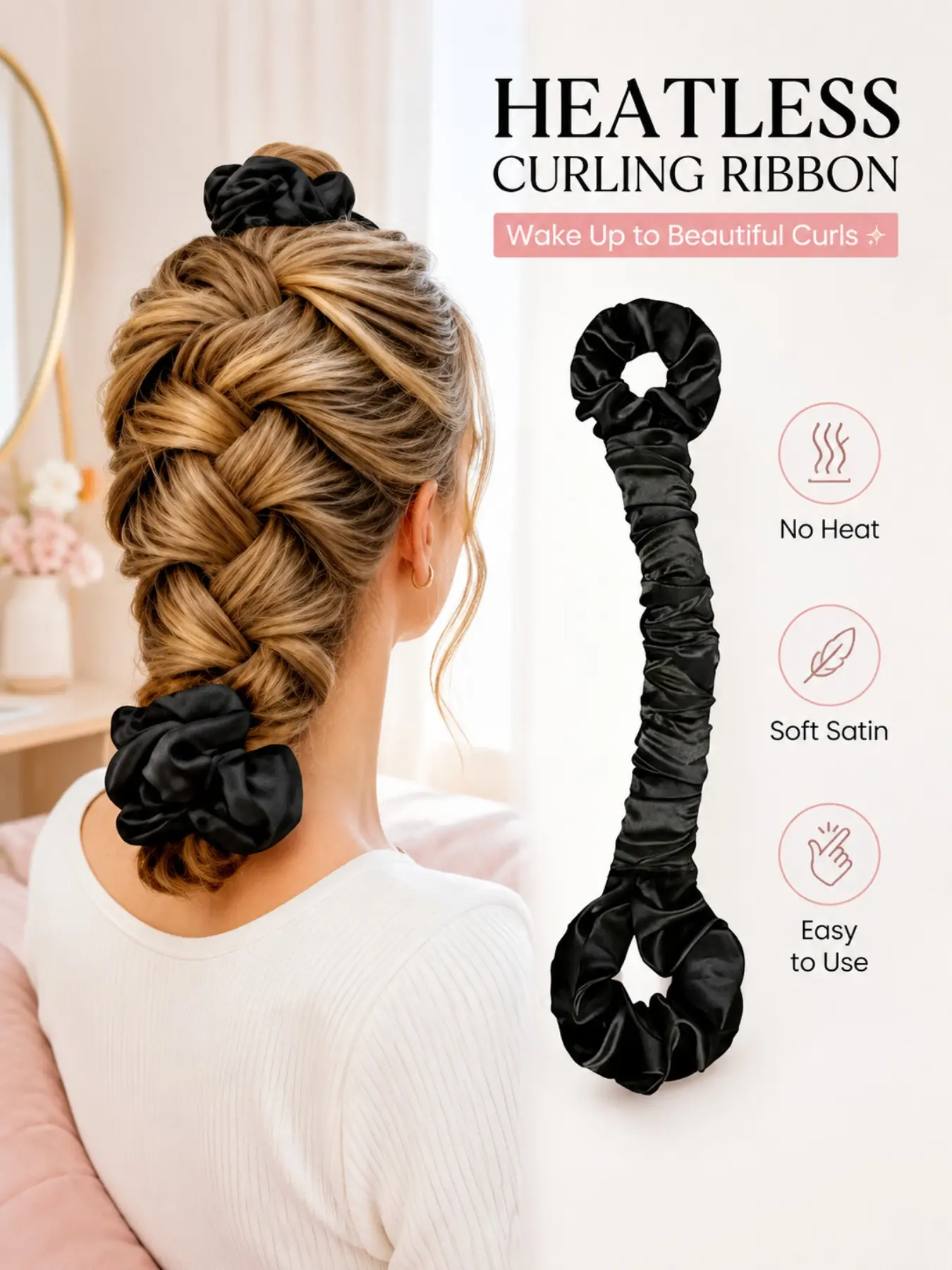 1set Satin Heatless Curling Rod with Hair Scrunchie, No Heat Hair Curler, Styling Tool for Overnight Big Waves, All Hair Types