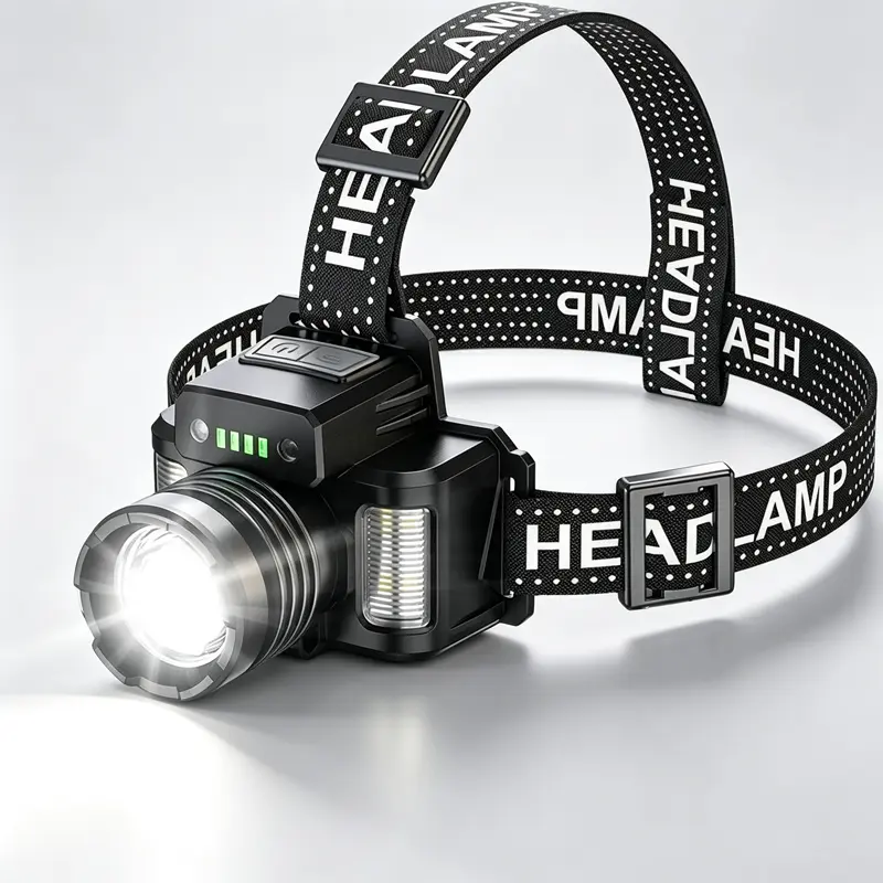 Rechargeable LED Headlamp with Motion Control, 2000lm Brightness, Zoomable LED Spotlight, Aluminum Alloy Body, Side Flood Lamp, IPX4 Waterproof USB Mobile Light for Outdoor Camping, Working