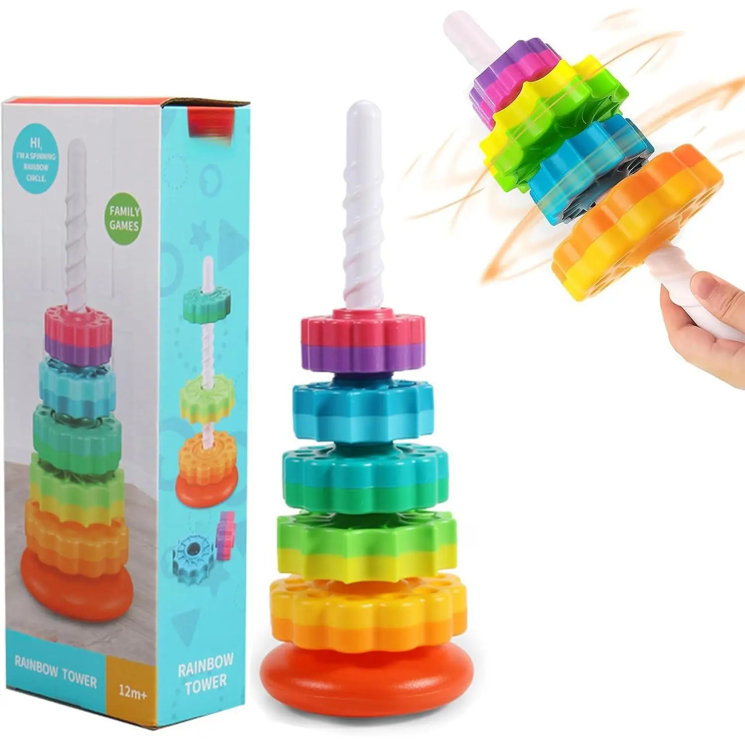Baby Spinning Stacking Rings Toy - ABS Plastic, Colorful Parts with Rainbow Hues, Educational Sensory Toy for 6-12 Months Boys Girls (Autism Learning Support)