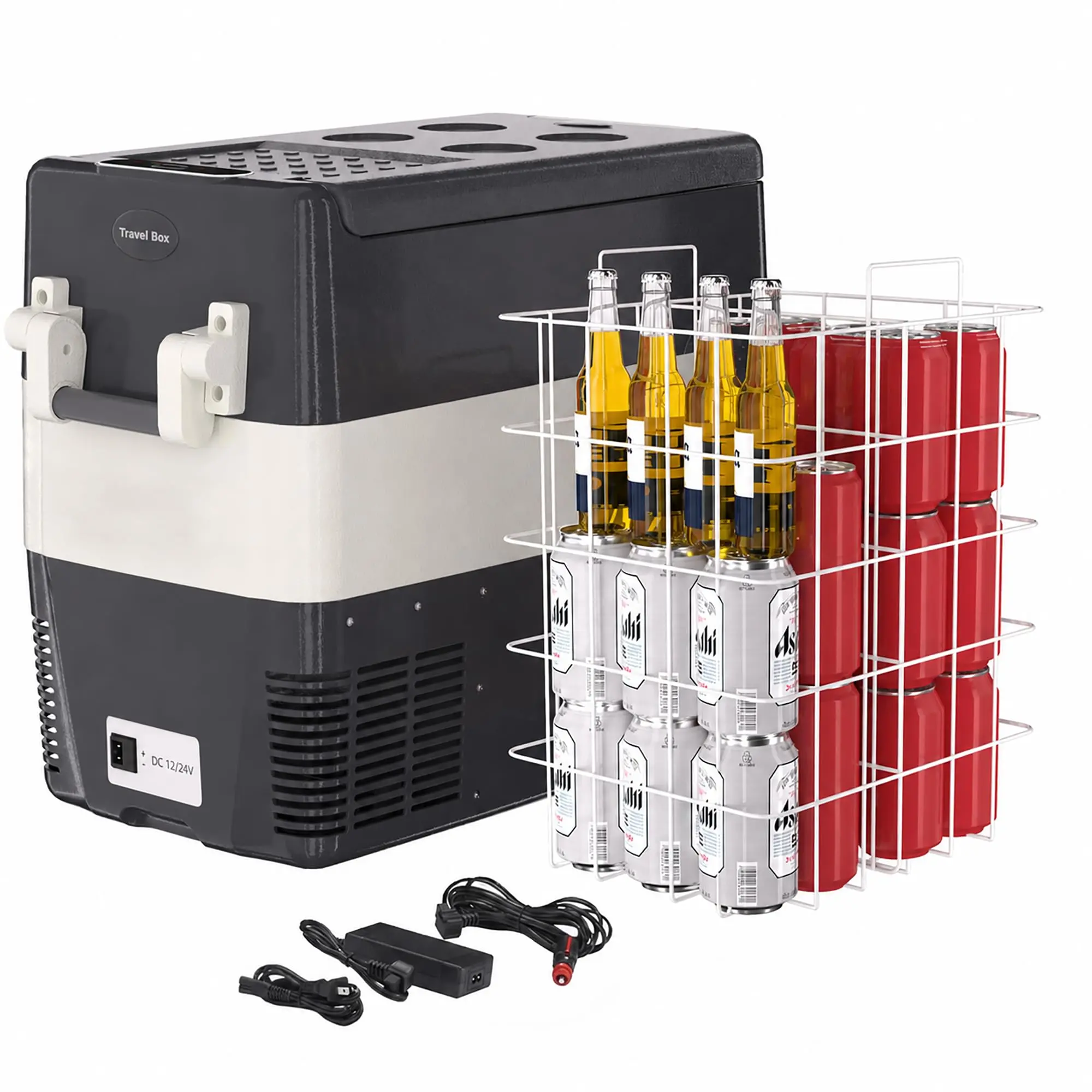 12 Volt Car Refrigerator 52QT Portable Electric Cooler 12V 24V DC 110V 240V AC Fridge Freezer with Basket for Travel Truck Boat Camping Black