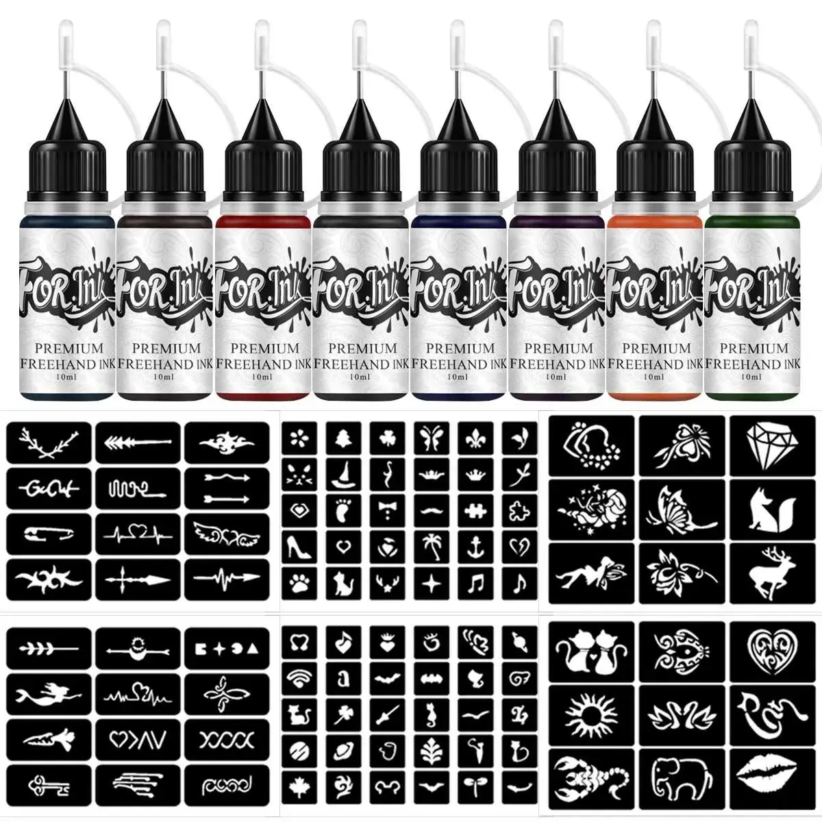 DIY Temporary Tattoo Kits Makeup Kit, Tattoo Set, 8 Bottles Color Temporary DIY Ink & 102pcs Stencils Cosmetic Kit for Body Paint Fake Tattoos for Men & Women, Makeup Products, Christmas Gift