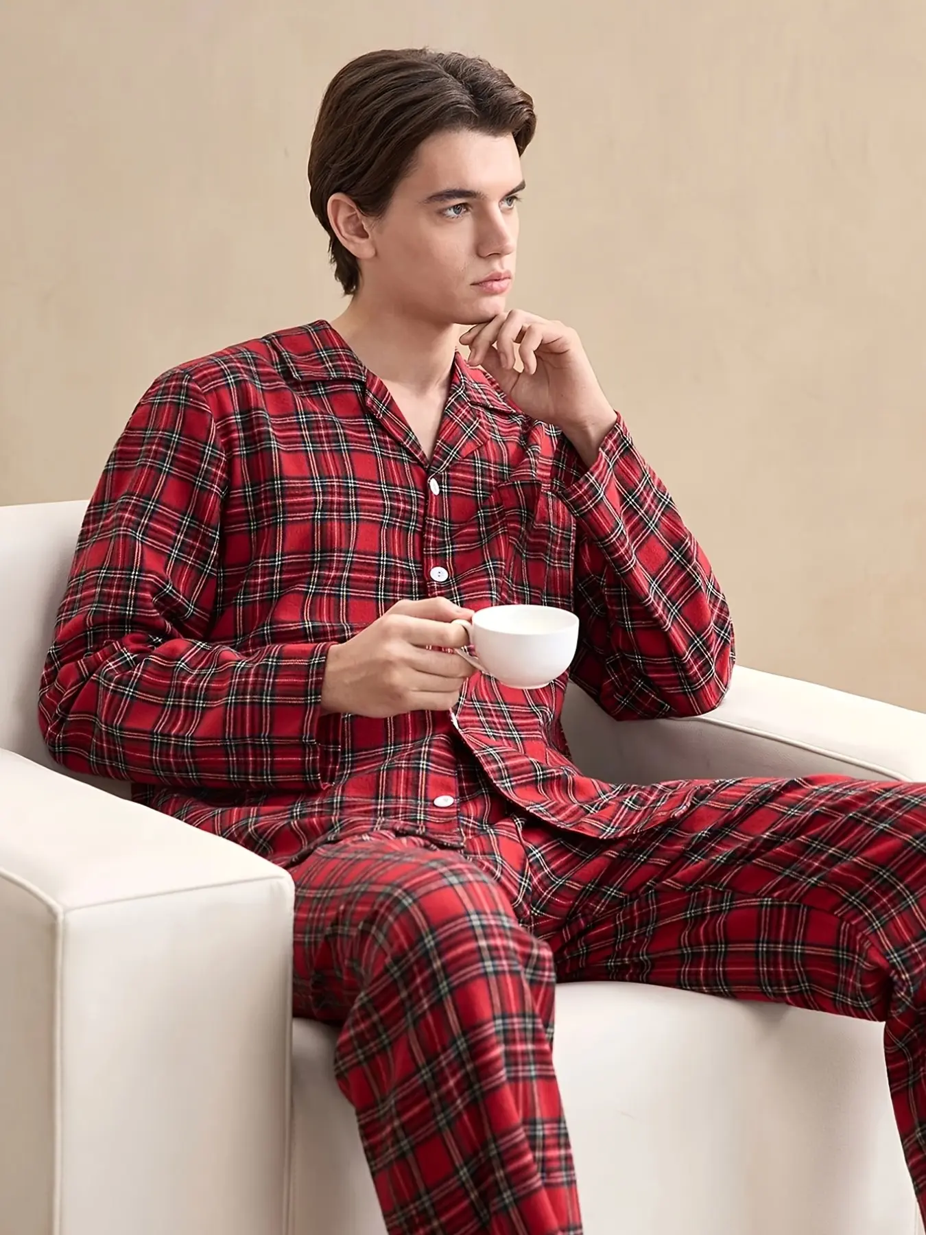 Men's Plaid Pajama Set, Long Sleeve Button-Up Sleepwear, Soft and Comfortable Two-Piece Home, Casual Slim-Fit Design