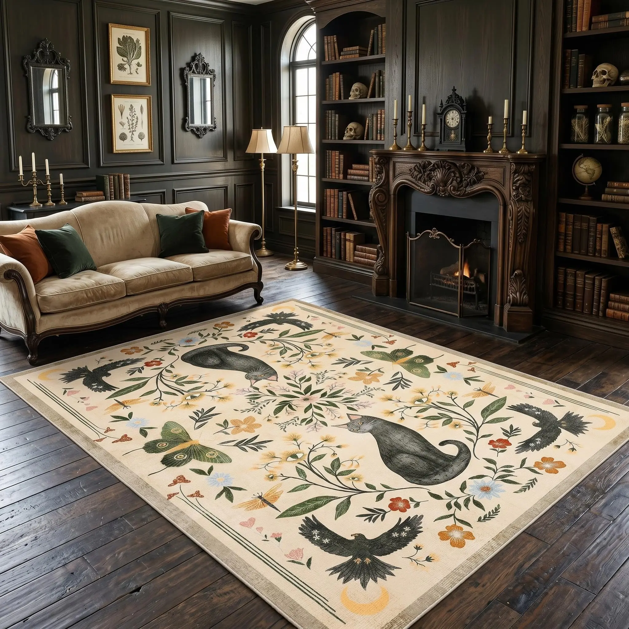 Washable Cat Runner Rug – Soft Non-Slip Low Pile Carpet with Mushroom Floral Design, mark Resistant, Modern Decor for Kitchen, Hallway, Bedroom