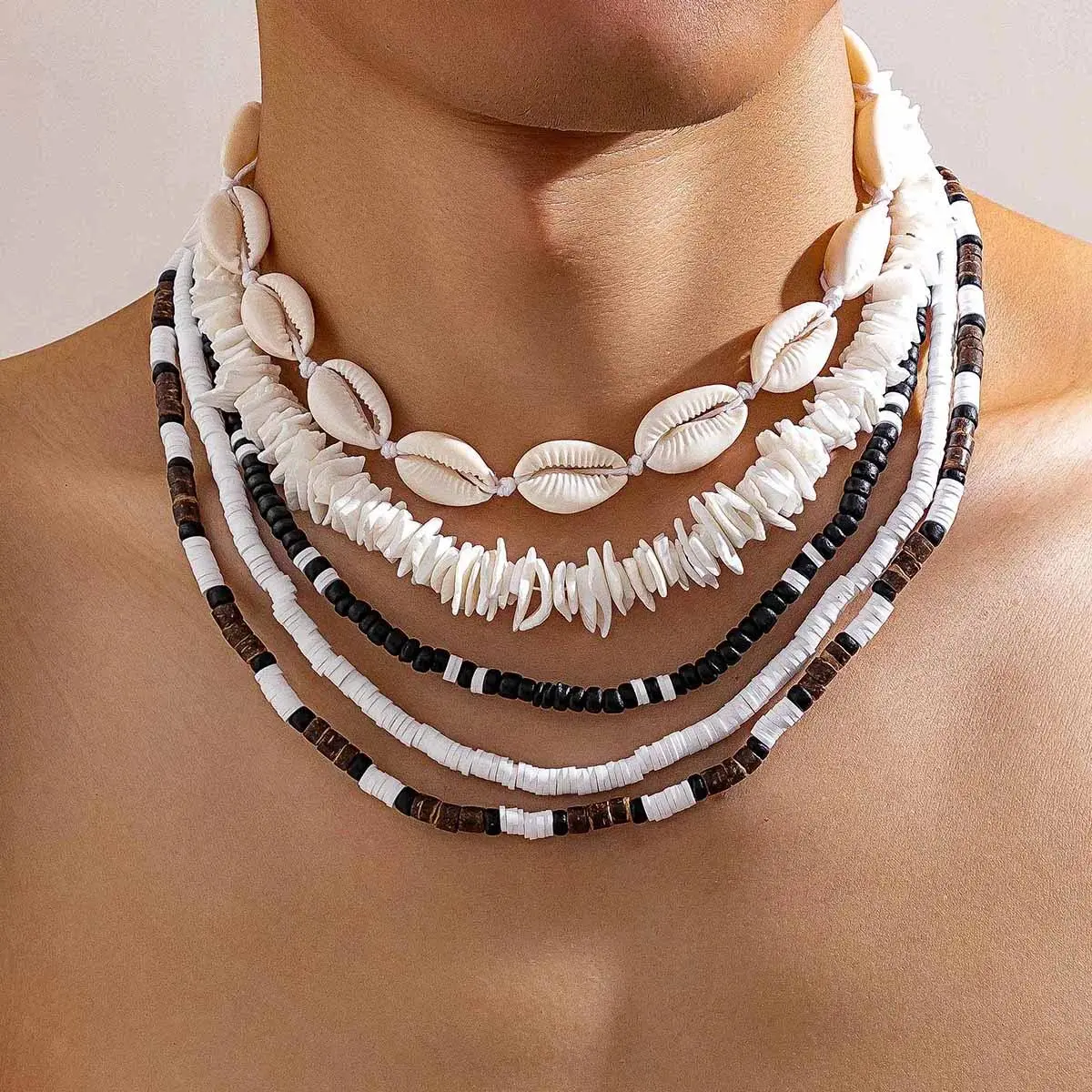 KunJoe 5pcs/Set Men's Ethnic Retro Wood Beaded Choker Necklaces - Vintage Soft Clay Tribal Surfer Jewelry Accessories, Beads