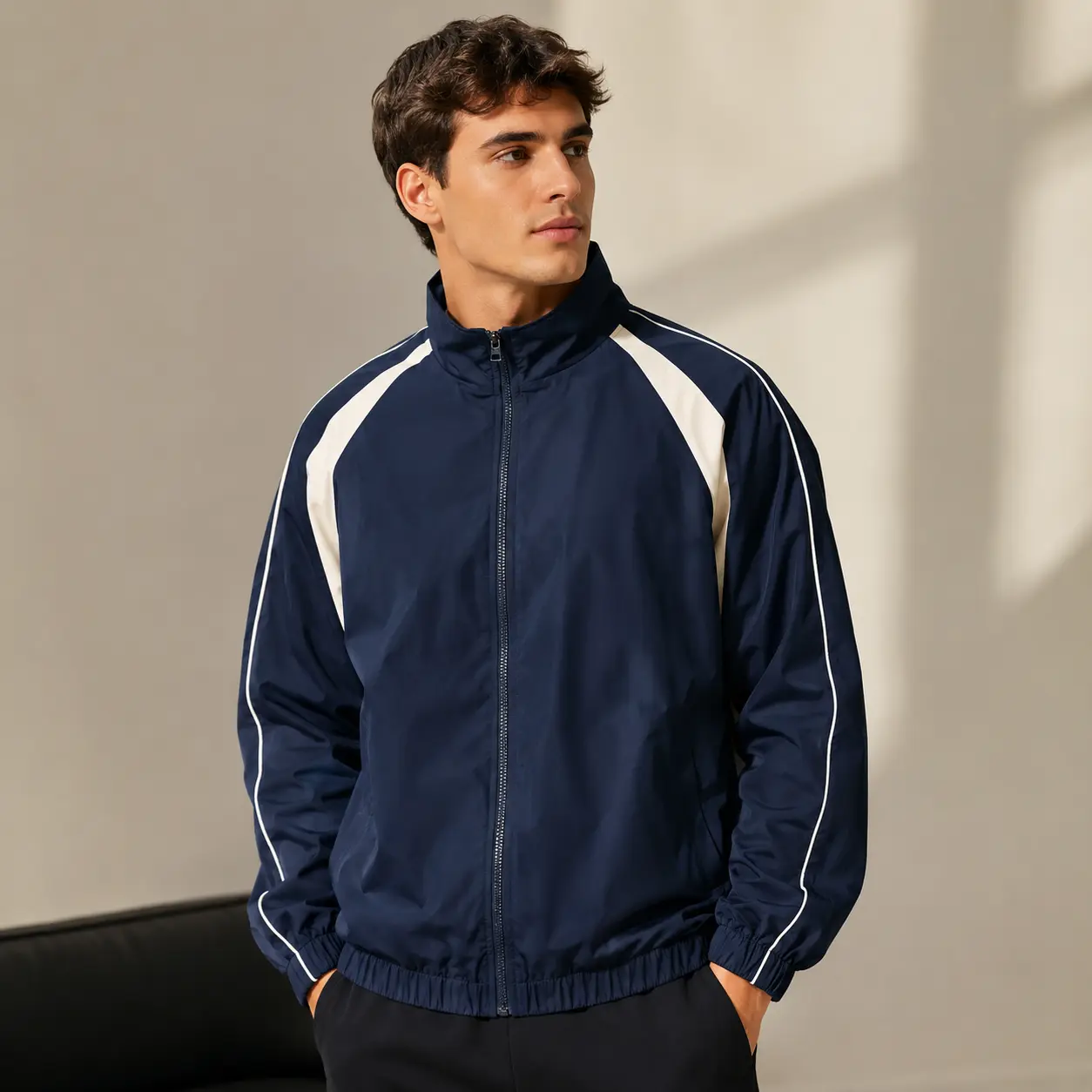 Men’s Navy Blue Zip Up Track Jacket, Casual Sporty Streetwear Jacket with Stand Collar, Full Front Zipper, White Contrast Shoulder Panels, Elastic Cuffs and Hem for Daily Wear Weekend Outfits