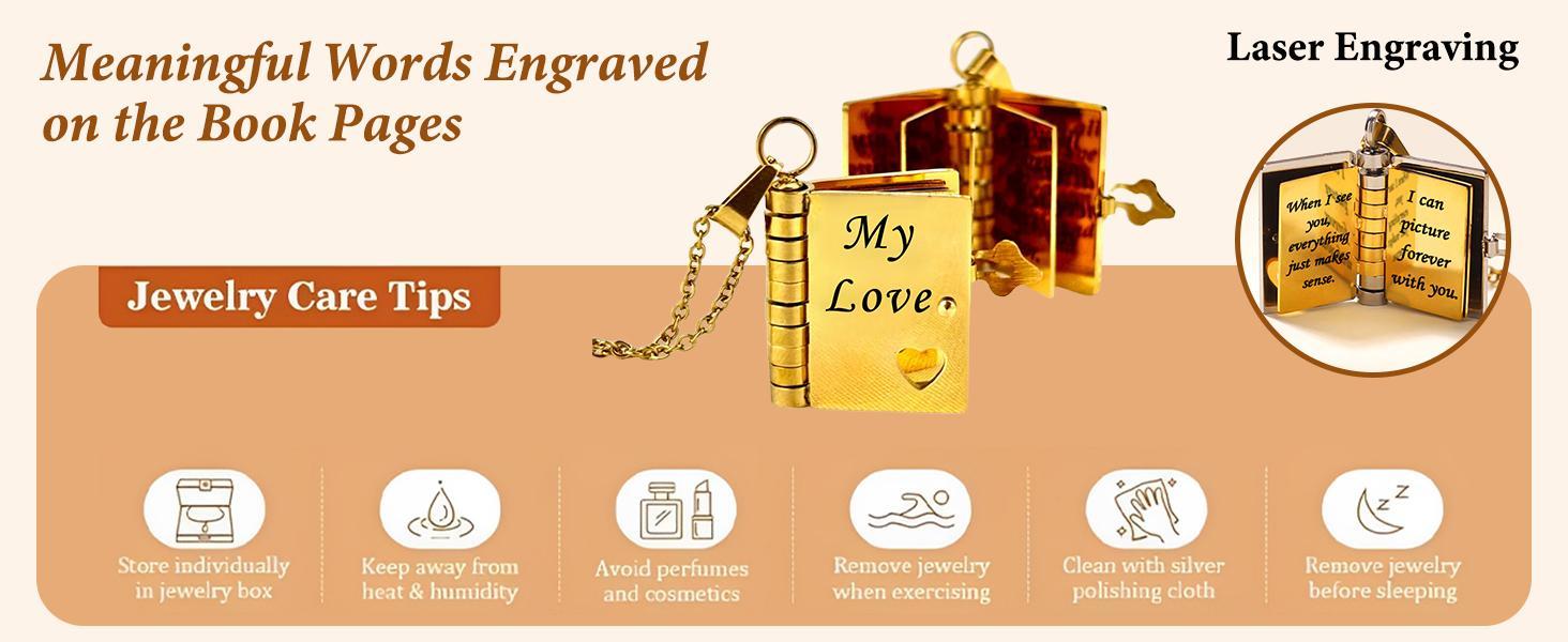 Couple Jewelry My Love Book Necklace – Flip Open Pendant Filled with Love Notes, Every Little Thing I’ve Ever Wanted Is in You, Perfect Present for Girlfriend, Boyfriend, Wife or Husband