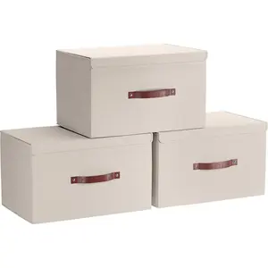 3 Pack Collapsible Storage Bins with Lid, Foldable Linen Fabric Shelf Storage Basket Closet Organizer and Large Storage Box for Clothes with Leather Handles, 15 x 10 x 9, Beige