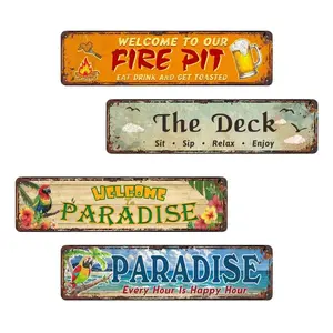 4 Pcs Tropical Paradise Parrot Metal Tin Street Sign Vintage Distressed Rust Wall Plaque Fire Pit The Deck Happy Hour Slogan Decor for Patio Backyard Porch Pool Cabin Indoor Outdoor Hanging Wall Art Decor