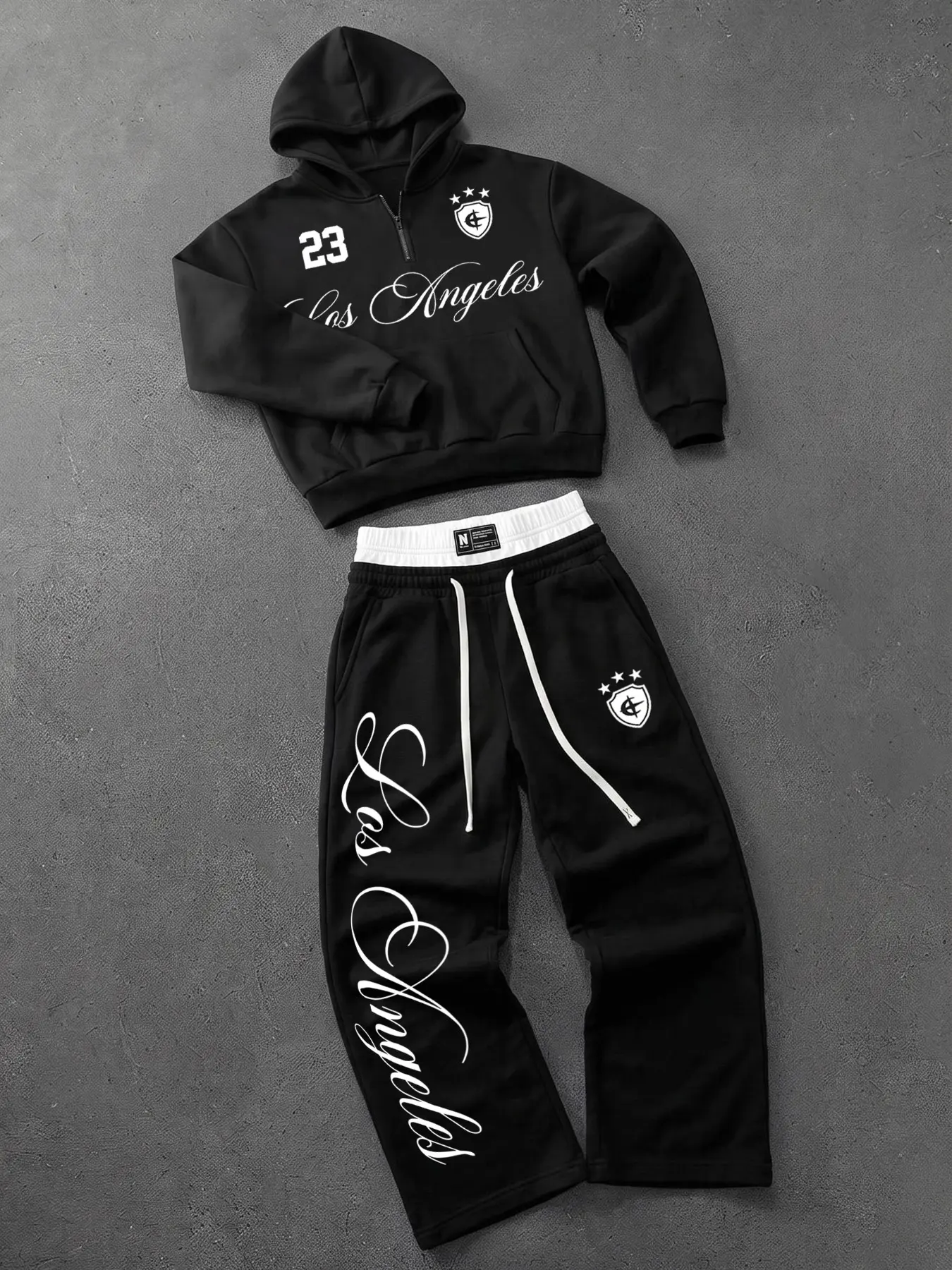 Unisex Cropped Half Zip Hoodie Wide Leg Pants Tracksuit, Los Angeles Letter Print 2 Piece Outfit Set, Y2K Hip Hop Streetwear, unisex clothing, menswear clothing, accessories for men, ropa caballero hombre, boyfriend gifts, mens fashion, mens holiday outfi