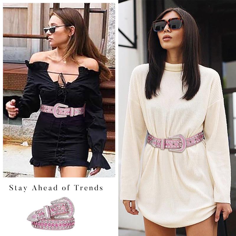 XZQTIVE Western Rhinestone Studded Leather Belt Cowboy Cowgirl Bling Waist Belt for Jeans Dress, Pink, Silver,Fit Waist Size 32-37 Inches XZQTIVE Western Rhinestone Studded Leather Belt Cowboy Cowgirl Bling Waist Belt for Jeans Dress, Pink, Silver,Fit Waist Size 32-37 Inches