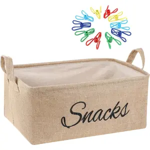 17 Pcs Snack Basket Sets, Snack Storage Bin for Pantry Shelves with 16 Pcs 2 Inch Chip Clips, Basket Organizer for Kitchen Home, Chips, Popcorn, Candy, Pretzels(Burlap,Khaki)