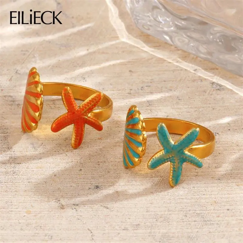 Chic Starfish & Shell Open Ring for Women, Waterproof Stainless Steel Band with Enamel, Adjustable Beach Jewelry, Fashion, Alloy