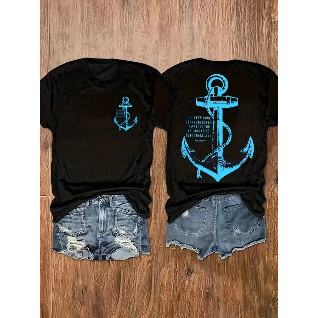 White Cotton Short Sleeve T Shirt Blue Anchor Print Nautical Themed Casual Tee Soft Breathable Women Top For Summer Beach Vacation Daily Wear Outdoor Hangout Weekend Comfortable All Match Top