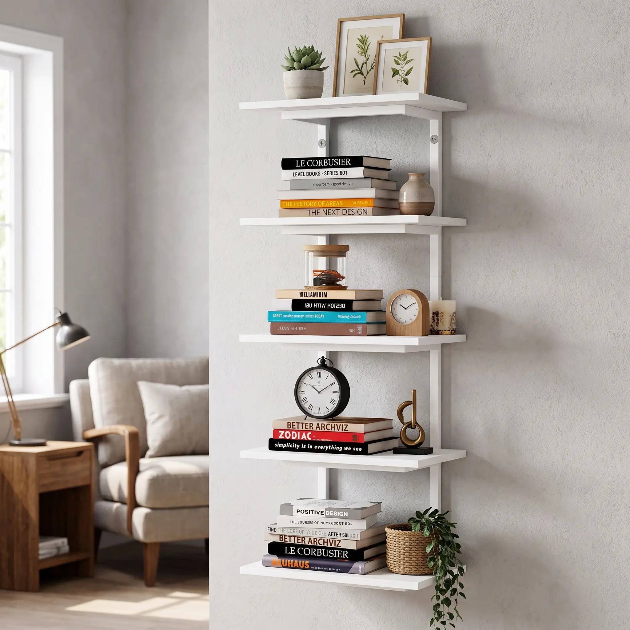 White 5 Tier Wall Shelf Unit for Shoes Display, Lack Wall Bookshelf for Bedroom, Vertical Tiered Floating Book Shelves for Office Living Room Bathroom Vanity Kitchen Closet Purses Bags