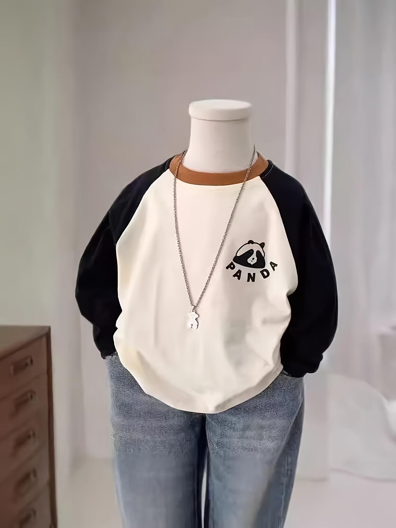 New1pc & Korean-Style Cute Panda Print T-Shirt with Raglan Sleeves - Korean Fashion Color-Block Round Neck Loose Fit Top, Panda & Korean Lettering Design (No Letters on ' Version), Spring/Fall Outfits, Casual