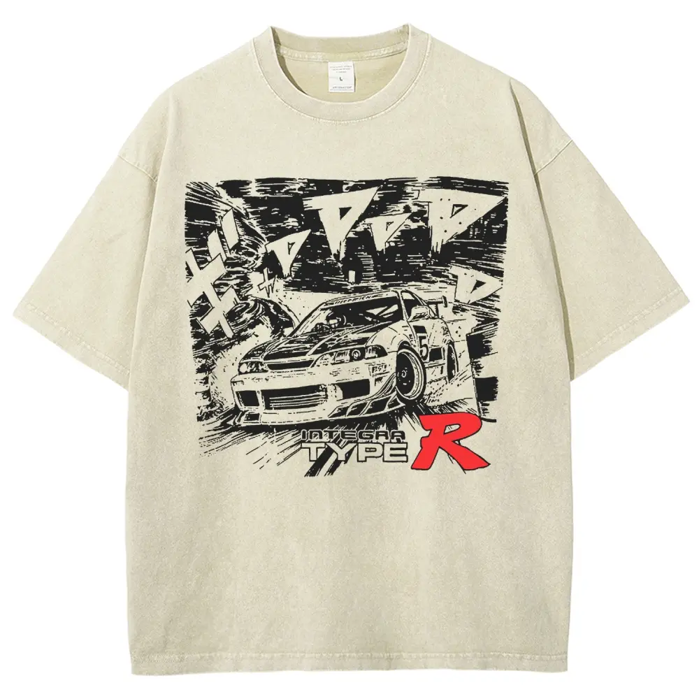 Men's Unisex Oversized Heavyweight Pre-Shrunken Cotton Retro Racing Car Graphic Short-Sleeve T-Shirt - Mineral Wash, Casual JDM Honda Manga Aesthetic Tops, Clothes, 3XL, 4XL Multi-Size Tees