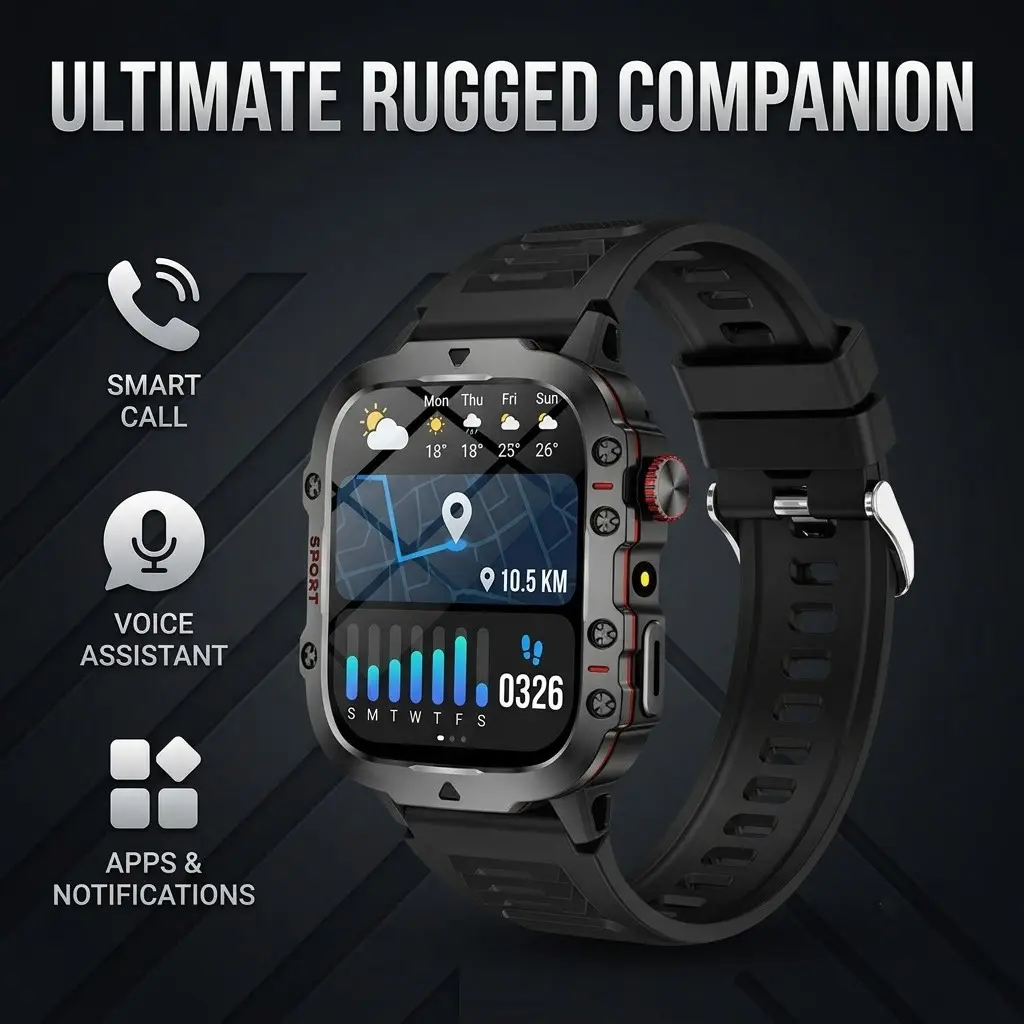 Multifunction Smart Watch with Flashlight, Full Touch Display, Wireless Calling, Music Playback, Fitness Modes, Android & iPhone Compatible