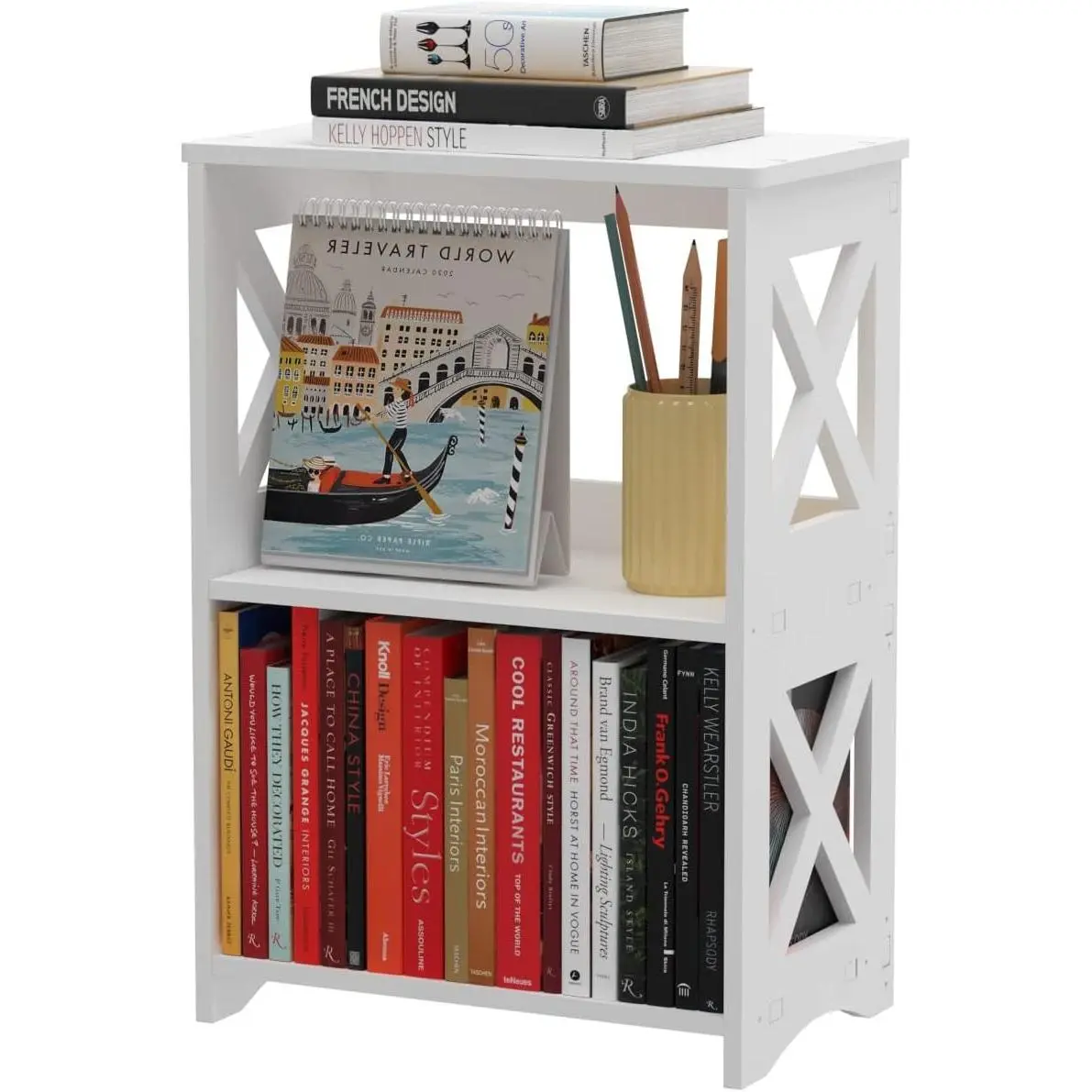White Minimalist Narrow Side Table with Storage Shelf - Single Unit Indoor Furniture for Bedroom, Living Room, Office (Multi-Functional as Nightstand, Small Bookcase, Bathroom Display Rack)