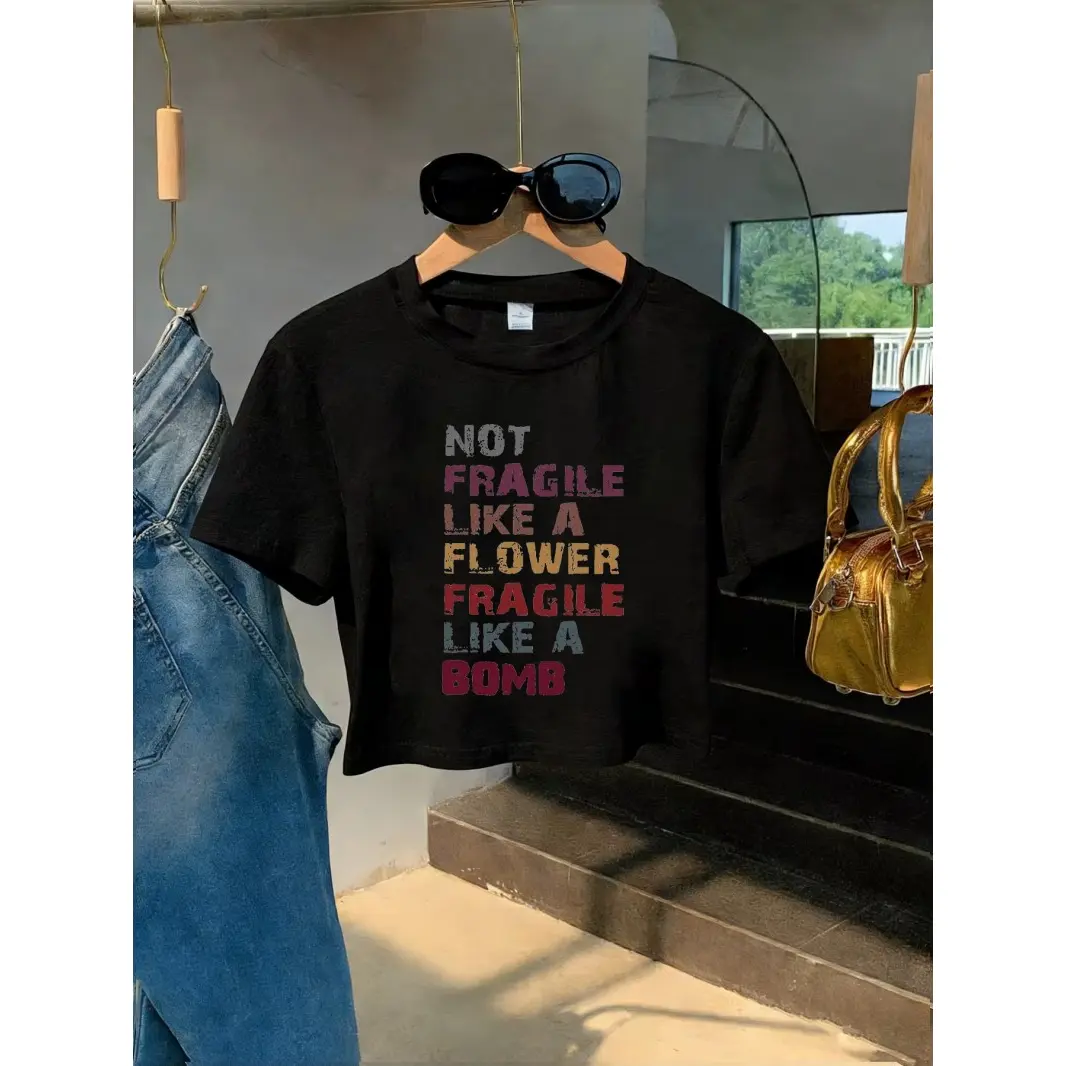 Not Fragile Like A Flower Slogan Graphic White Crop Top Women Y2K Aesthetic Short Sleeve Tee Summer Casual Streetwear Soft Comfortable Daily Wear For Teen Girls Fashion Outfit