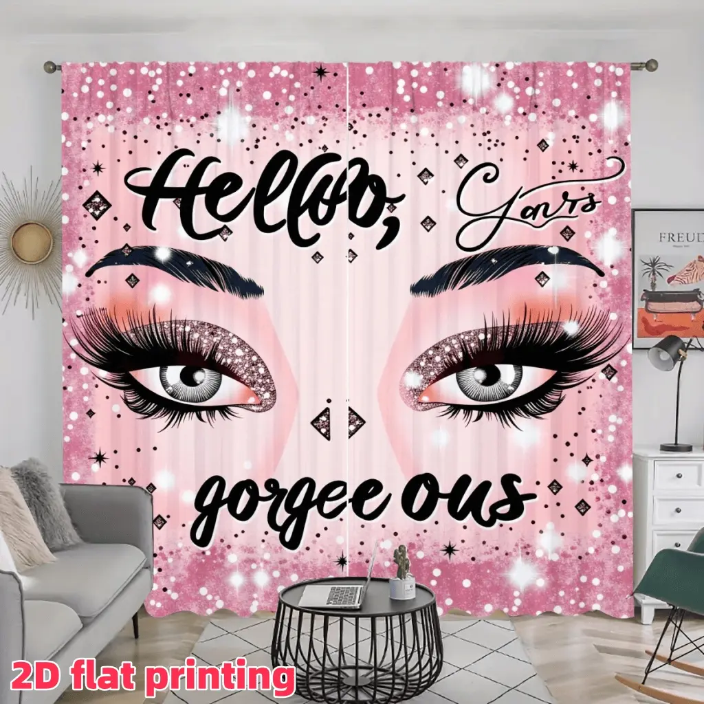2D Flat 2Pcs Trendy Makeup Eyelash Glitter Lips Print Curtains, Elegant Pink Black Diamond Pattern, Semi-Sunshade Pole Pocket Window Panels, Decorative Drapes for Living Room, Bedroom, Dining, Kitchen, Accessory, Anti Privacy.
