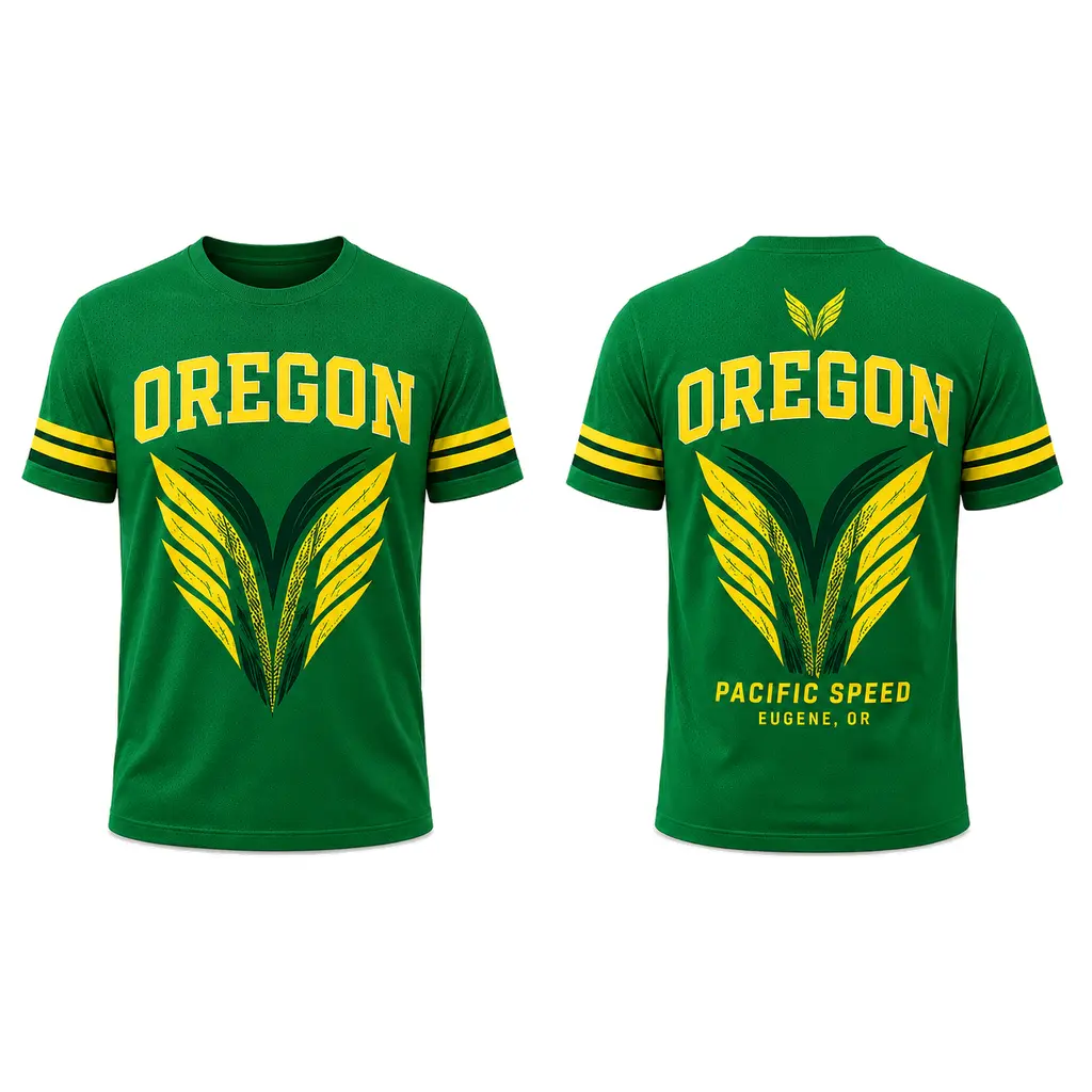 Oregon Green Football Fan Shirt, Wing Graphic Crew Neck Jersey, Front and Back Print