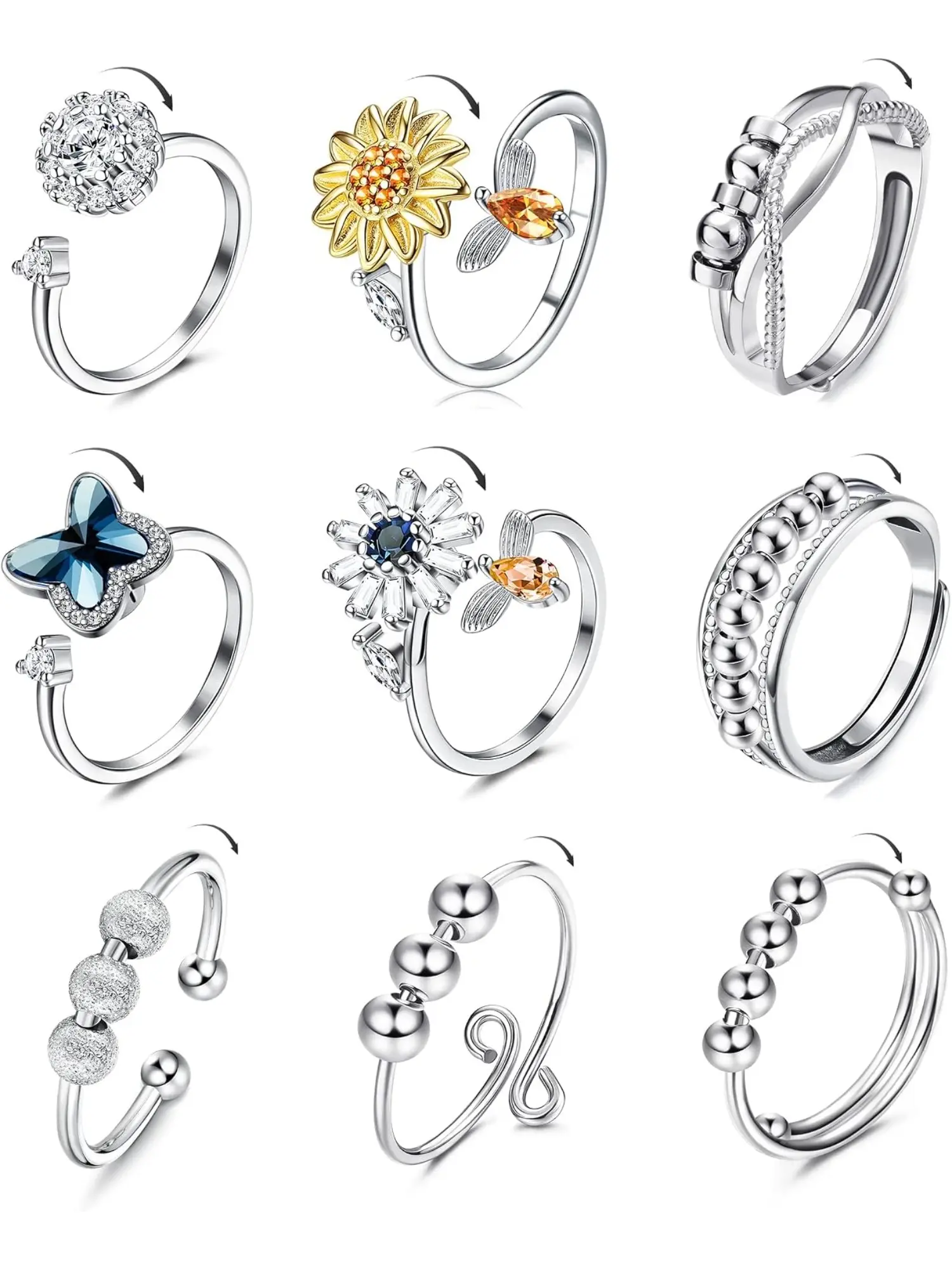 9Pcs Women Adjustable Fidget Spinner Ring Bundle, Cubic Zirconia Flower Butterfly Sunflower Bead Stackable Anxiety Stress Relief Rings, Gift Box Included