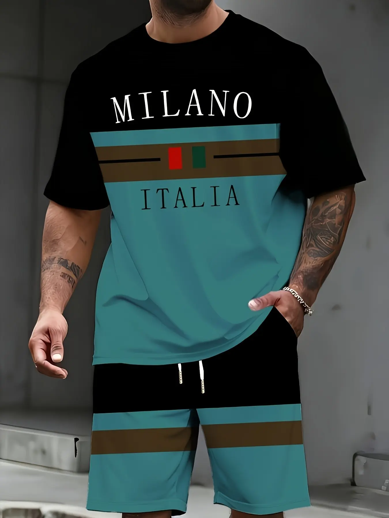 Trendy Letter Print Striped Matching Set Men Short Sleeve T-Shirt & Drawstring Shorts Streetwear Menswear Summer Outfit