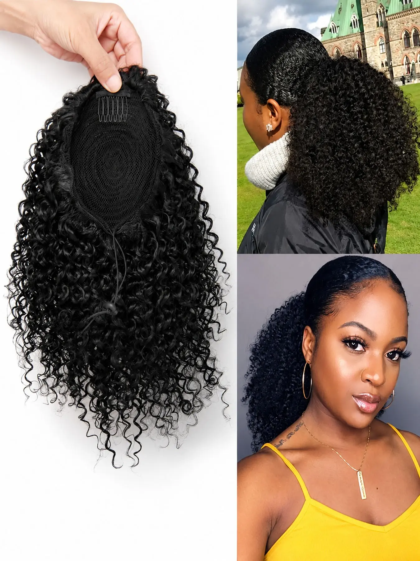 Short Afro Kinky Curly Ponytail Hair Piece for African American Ponytail Extension Synthetic Hairpieces Afro Kinky Curly Ponytail for Women