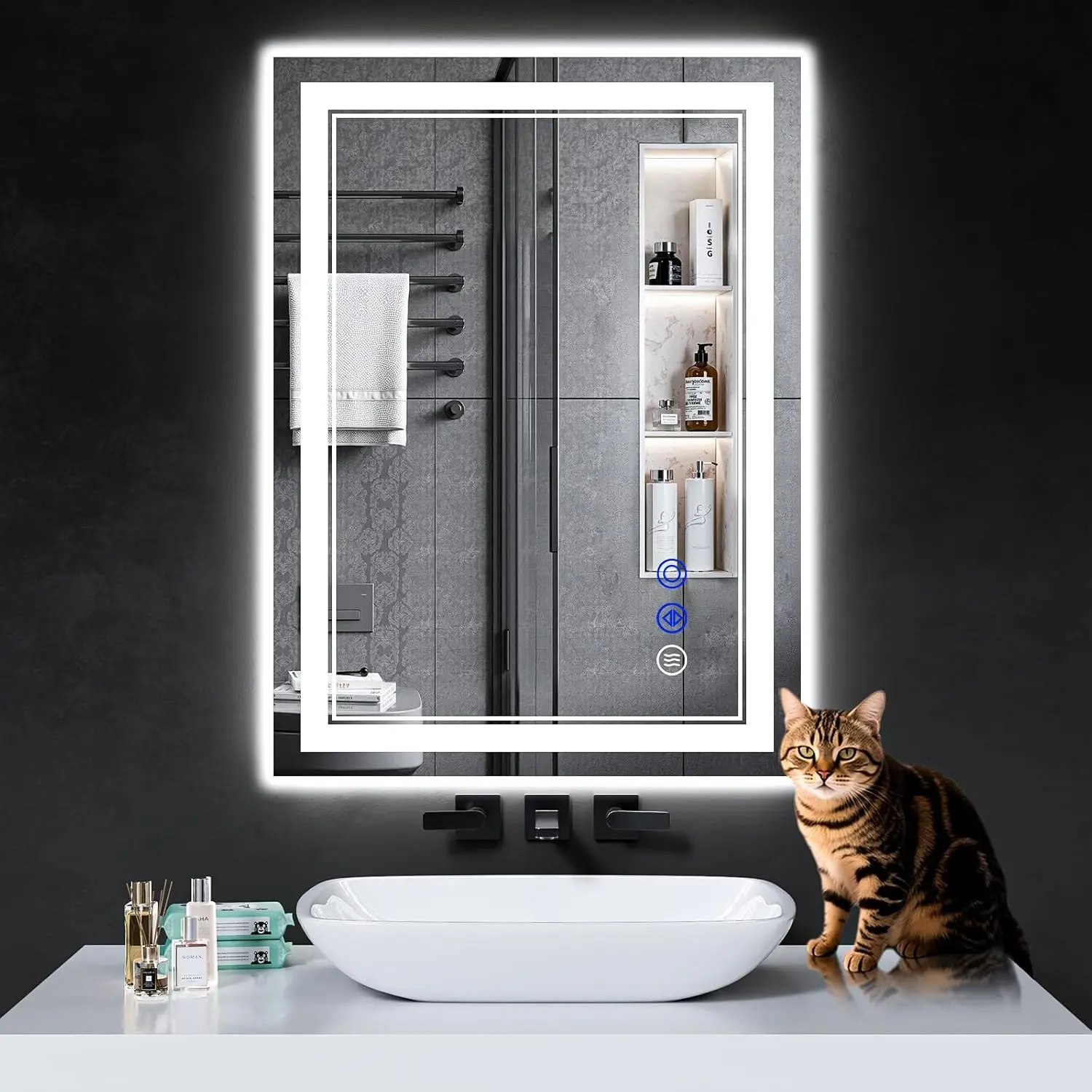 LED Bathroom Mirror (30in x 22in) - Tempered Glass, Anti-Fog, Stepless Dimmer, 3 Color Modes, Shatter-Proof, Waterproof Design