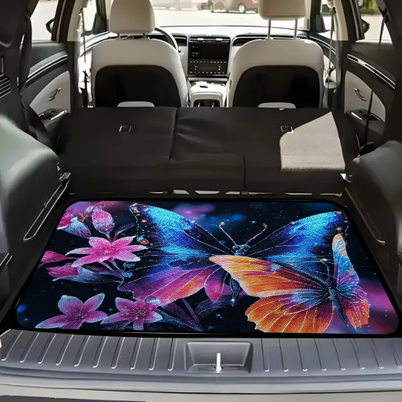 A stylish car trunk mat featuring a magical twilight garden adorned with glowing blue and pink butterflies, sparkling lights, and exquisite pink flowers. Made of durabl