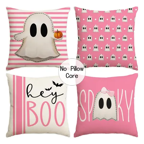 4pcs Halloween Pillow Cover, Halloween Night Decorative Sofa Cushion Cover, Pink Striped Ghost, Bat, Pumpkin Single sided Printed Pillow Cover, Suitable for Bedroom, Living Room, Sofa, Farmhouse, Bed, Car Decorative Cushion Pillow Cover (No Pillow Core)