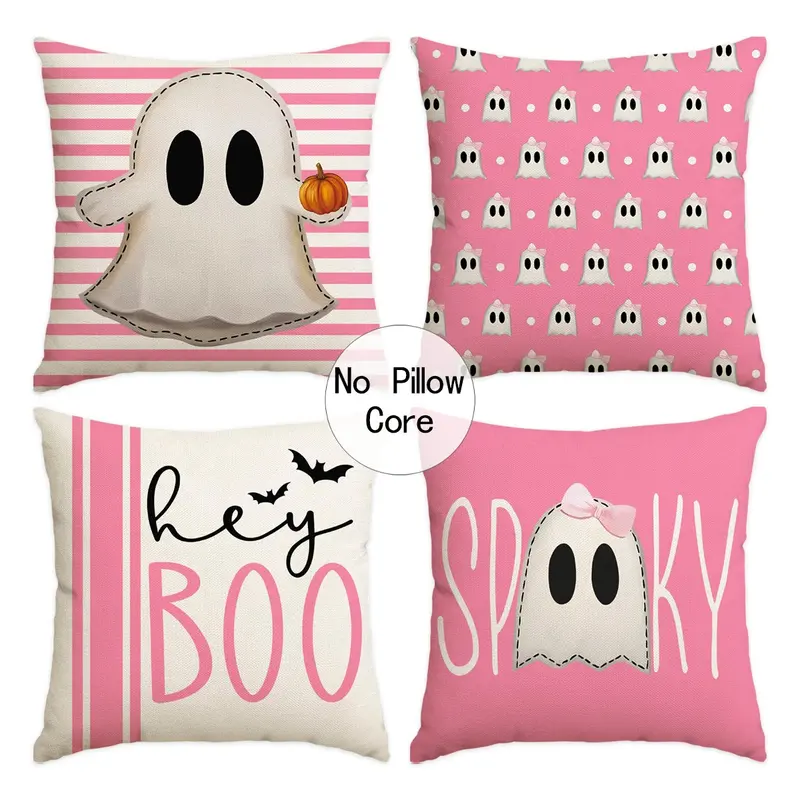 4pcs Halloween Pillow Cover, Halloween Night Decorative Sofa Cushion Cover, Pink Striped Ghost, Bat, Pumpkin Single sided Printed Pillow Cover, Suitable for Bedroom, Living Room, Sofa, Farmhouse, Bed, Car Decorative Cushion Pillow Cover (No Pillow Core)