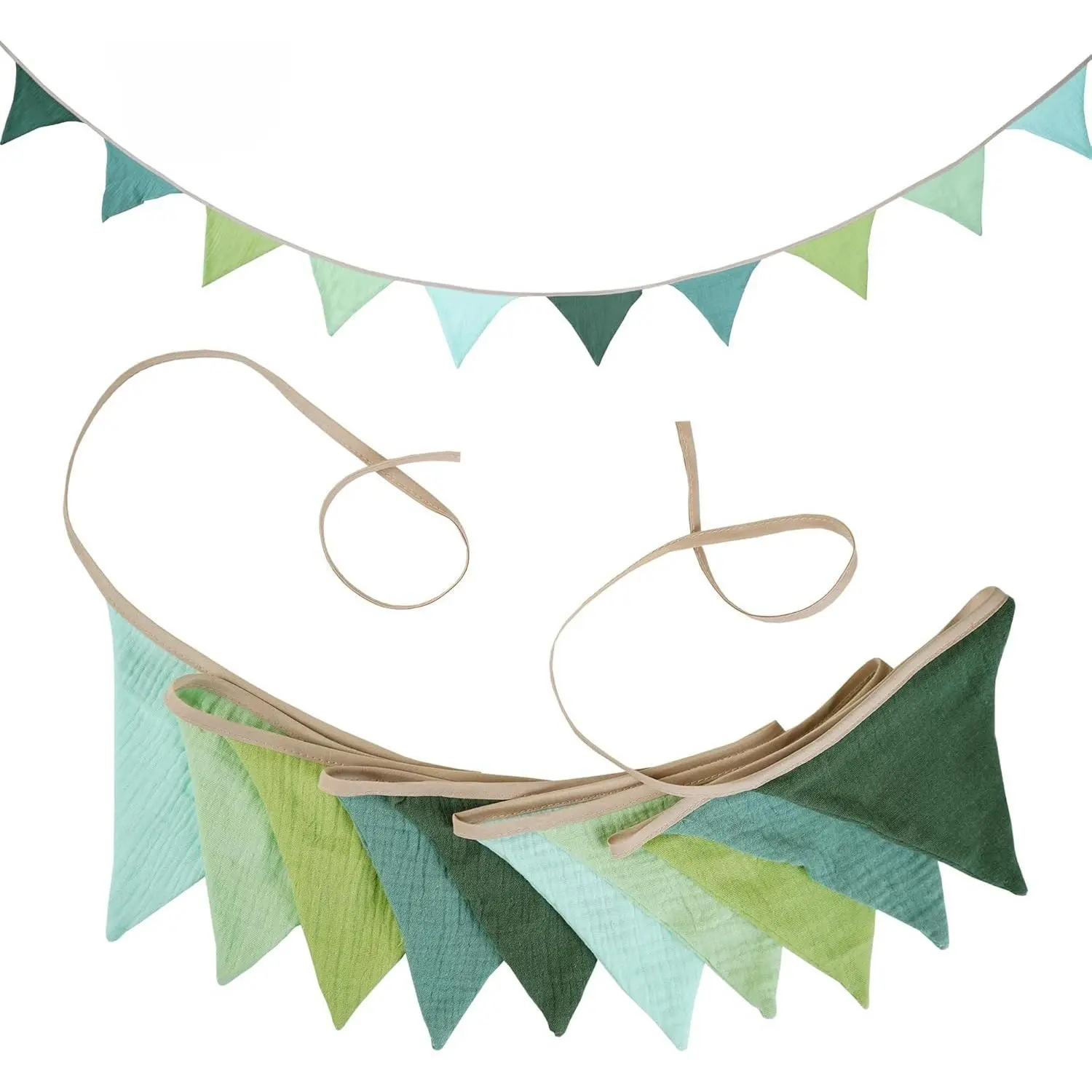 Lightweight Cotton Fabric Bunting Banner, 2-Pack Handmade Neutral String Banner (Green) - Each 8.5 ft, 10 Flags for Nursery Wall Hanging & Wedding Party Decorations