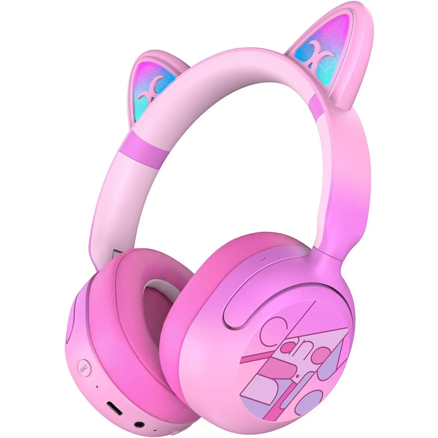 Kid's Adjustable Wireless Bluetooth 6.0 Headphones with LED Cat Ears, Active Noise Cancelling, 85dB Volume Limit, 40H Playtime, Fast Charging, Built-in Mic, Audio Buttons for iPad/Tablet/Airplane, Pink