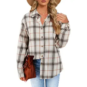 Tankaneo Women's Long Sleeve Plaid Flannel Shacket - Collared Button-Down, Boyfriend-Fit, Casual Rolled-Up Blouse Top for Back to School Haul Clothes (Longsleeves Included)