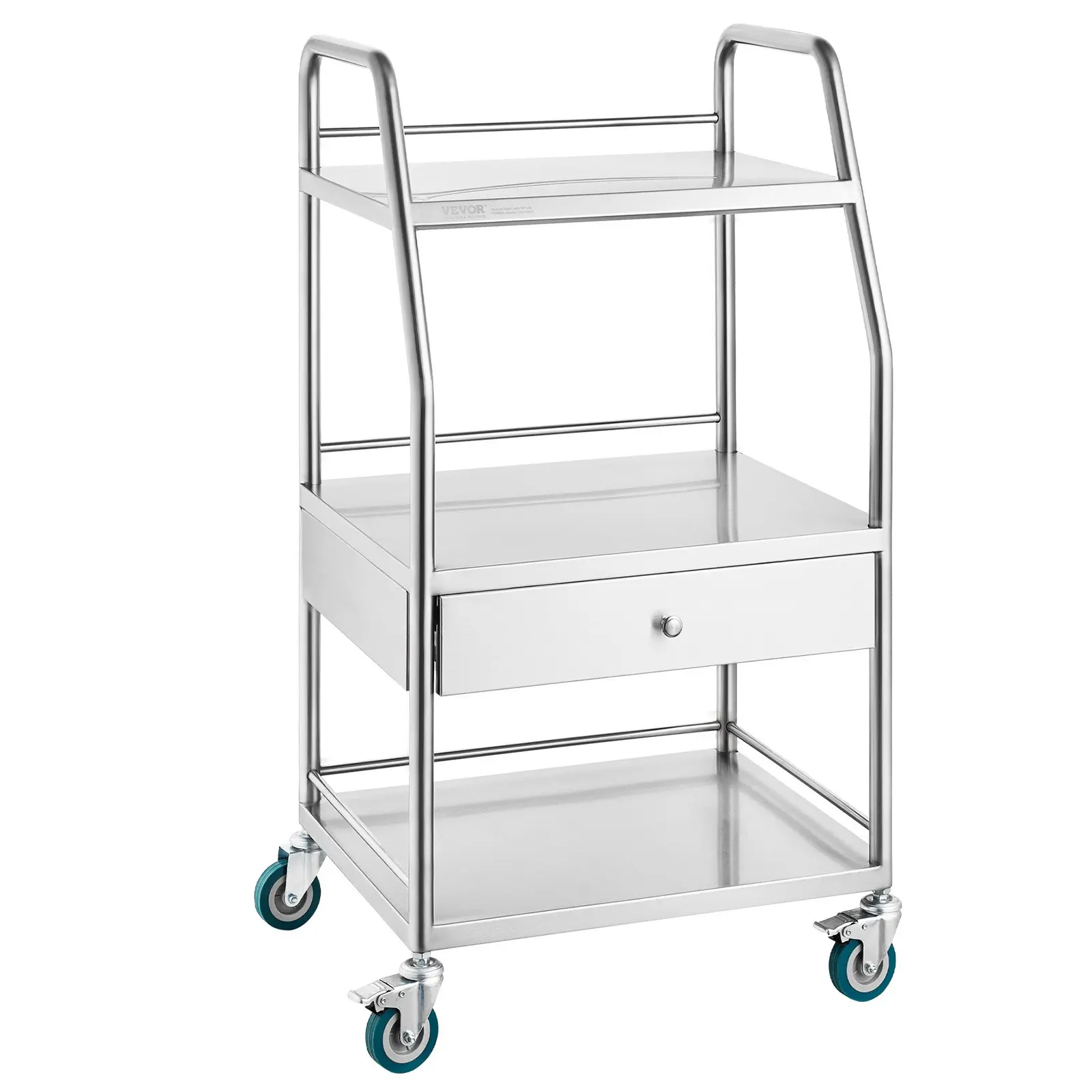 【DealsForYouDays】VEVOR Lab Serving Cart, 3 Layers Stainless Steel Utility Rolling Cart, Medical Cart with A Drawer, Dental Utility Cart with Lockable Wheels, for Laboratory, Hospital, Dental Use